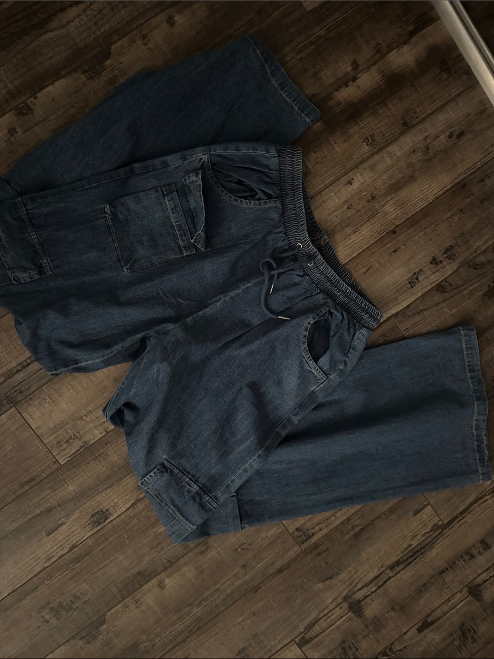 Women’s Dark Blue Denim Cargo Shorts - Casual Drawstring Waist